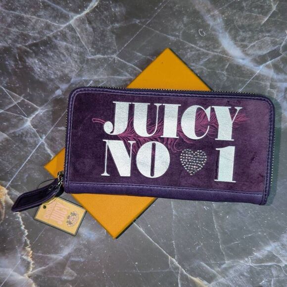 Juicy Couture Y2K "Juicy No 1" Royal Purple Terry Cloth Vintage Zip Wallet - Picture 1 of 9